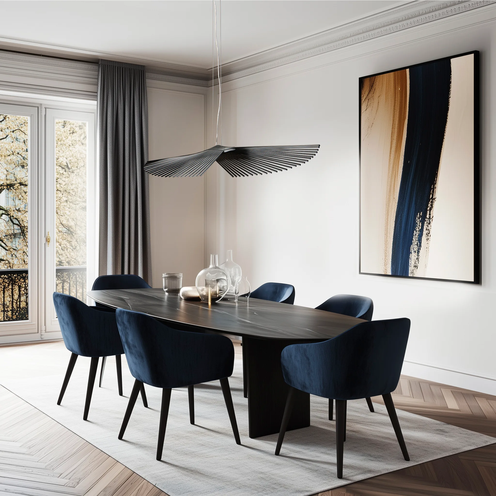 A black Libra 127 pendant light hanging over a dark dining table