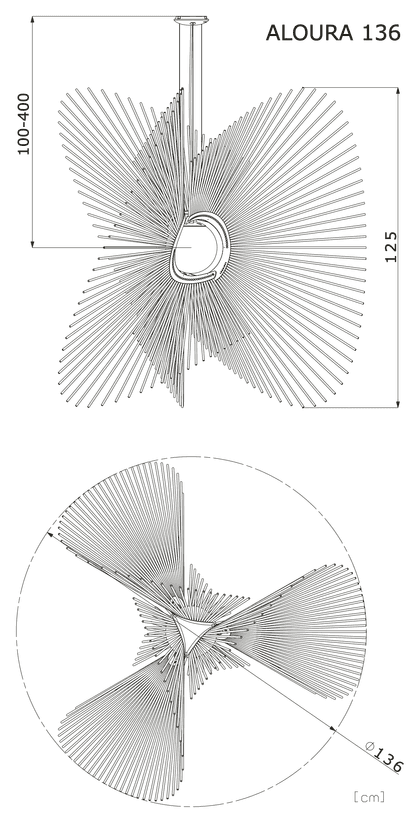Dimension drawing of the Aloura 136 pendant light: 136 cm at its widest, 125 cm high, measurements in cm.