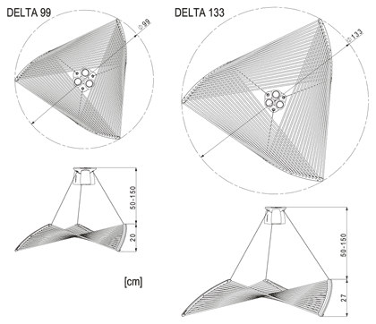 Dimension drawing of the Delta 99 pendant light: 99 cm at its widest, 20 cm high, measurements in cm. Dimension drawing of the Delta 133 pendant light: 133 cm at its widest, 27 cm high, measurements in cm.