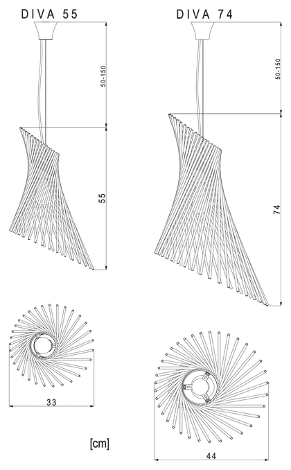 Dimension drawing of the Diva 55 pendant light: 33 cm at its widest, 55 cm high, measurements in cm. Dimension drawing of the Diva 74 pendant light: 44 cm at its widest, 74 cm high, measurements in cm.