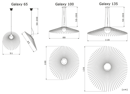Dimension drawing of the Galaxy 65 pendant light: 65 cm at its widest, measurements in cm. Dimension drawing of the Galaxy 100 pendant light: 100 cm at its widest, measurements in cm. Dimension drawing of the Galaxy 135 pendant light: 135 cm at its widest, measurements in cm.