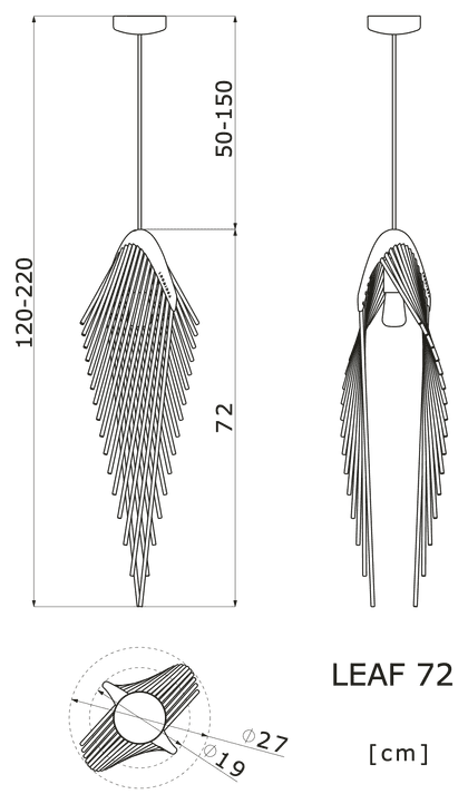 Dimension drawing of the Leaf 72 pendant light: 27 cm at its widest, 72 cm high, measurements in cm.