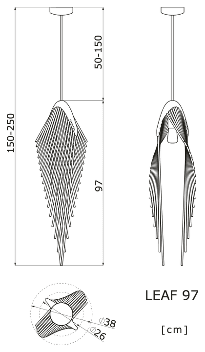 Dimension drawing of the Leaf 97 pendant light: 38 cm at its widest, 97 cm high, measurements in cm.
