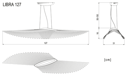 Dimension drawing of the Libra 127 pendant light: 127 cm at its widest, 16 cm high, measurements in cm.