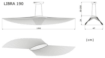 Dimension drawing of the Libra 190 pendant light: 190 cm at its widest, 24 cm high, measurements in cm.