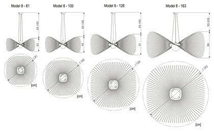 Dimension drawing of the Model 8 81 pendant light: 81 cm at its widest, 33 cm high, measurements in cm. Dimension drawing of the Model 8 100 pendant light: 100 cm at its widest, 40 cm high, measurements in cm. Dimension drawing of the Model 8 128 pendant light: 128 cm at its widest, 51 cm high, measurements in cm. Dimension drawing of the Model 8 163 pendant light: 163 cm at its widest, 66 cm high, measurements in cm.